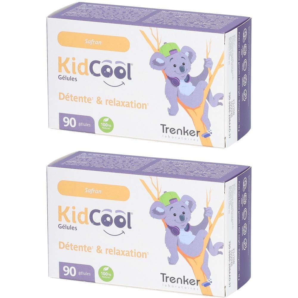 Deux boîtes de KidCool Gélules. Inscription: Safran, Détente & relaxation, 90 gélules, illustration koala, Trenker.