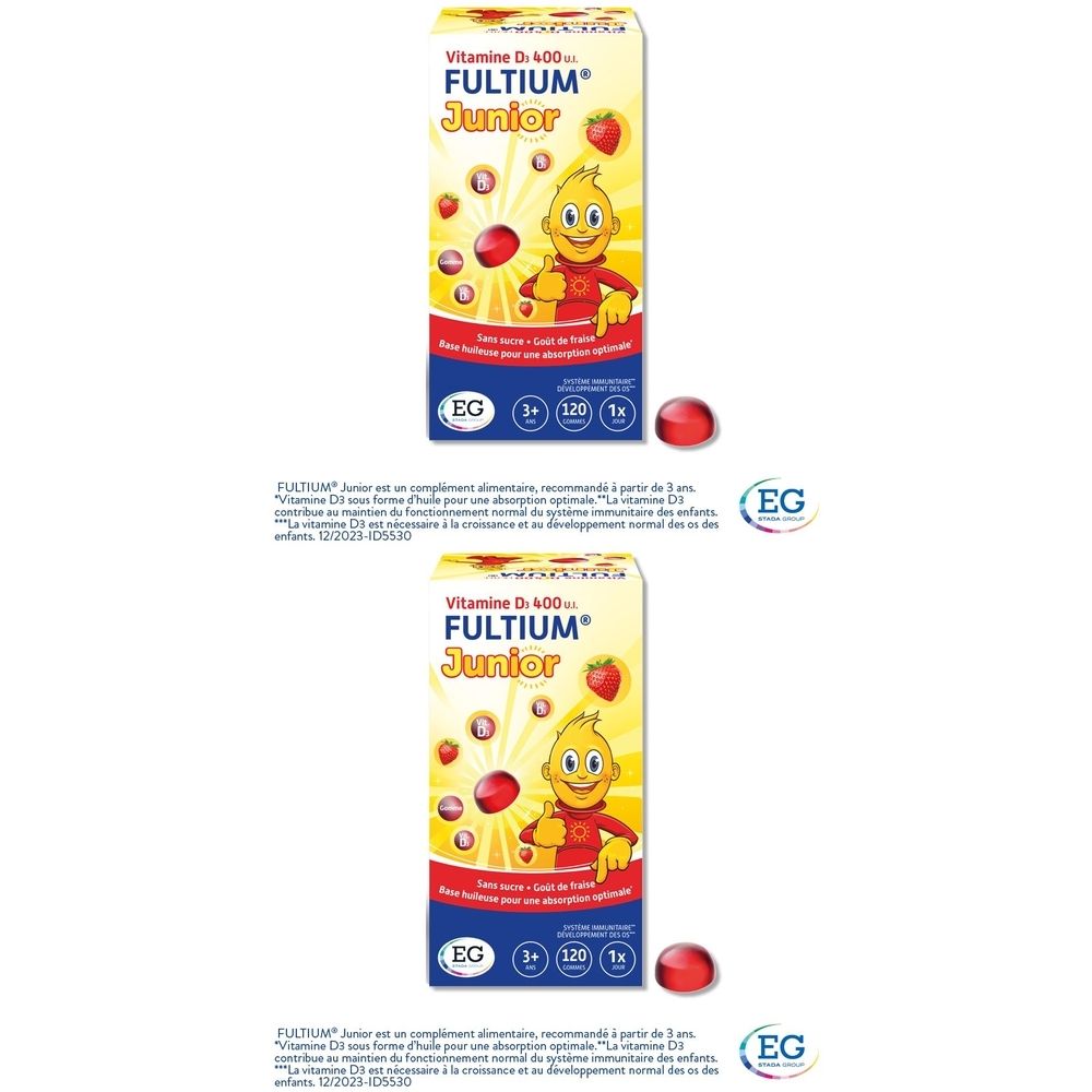 Boîte FULTIUM®-D3 Junior. Contient des comprimés et des informations sur le produit. Boîte jaune et blanche avec couvercle rouge. Inscription : Vitamine D3.