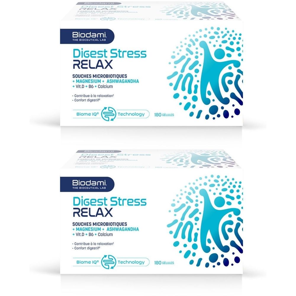 Deux boîtes de Biodami Digest Stress Relax. Emballage blanc avec logo et texte bleus. Contient 180 comprimés.
