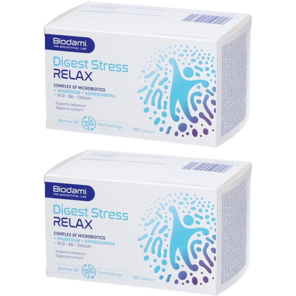 Deux boîtes de Biodami Digest Stress Relax. Emballage blanc avec logo et texte bleus. Contient 180 comprimés.