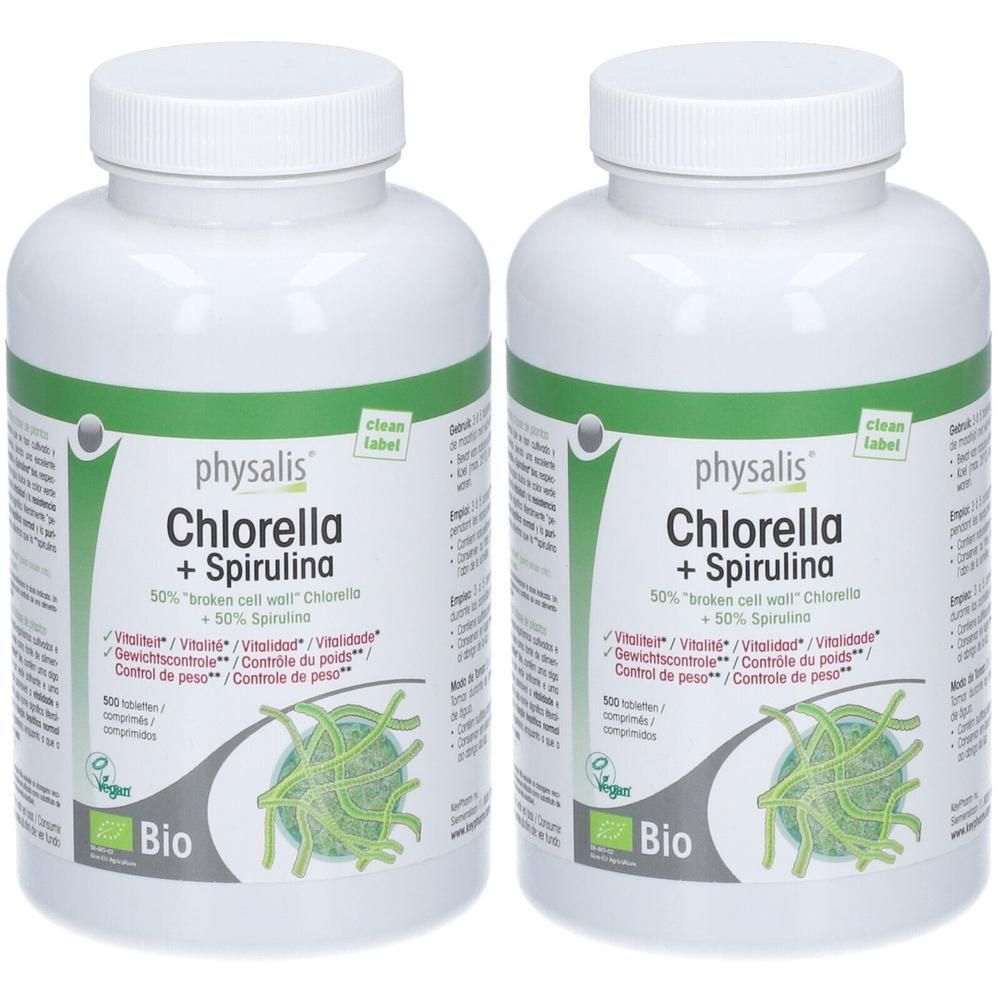 Deux pots de PHYSALIS Chlorella + Spiruline Bio, 50% Chlorella, 50% Spiruline.