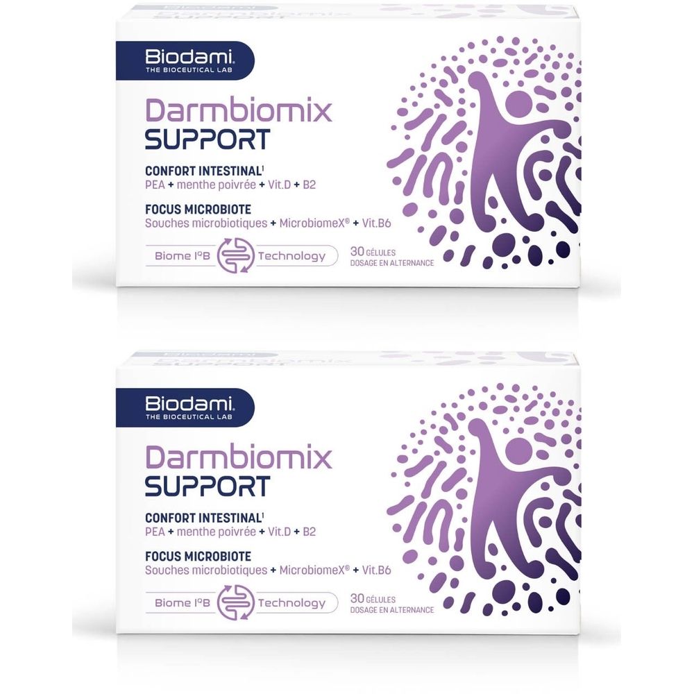 Deux boîtes de Darmbiomix Support. Inscription: Confort intestinal, Focus Microbiote, 30 gélules. Logo violet.