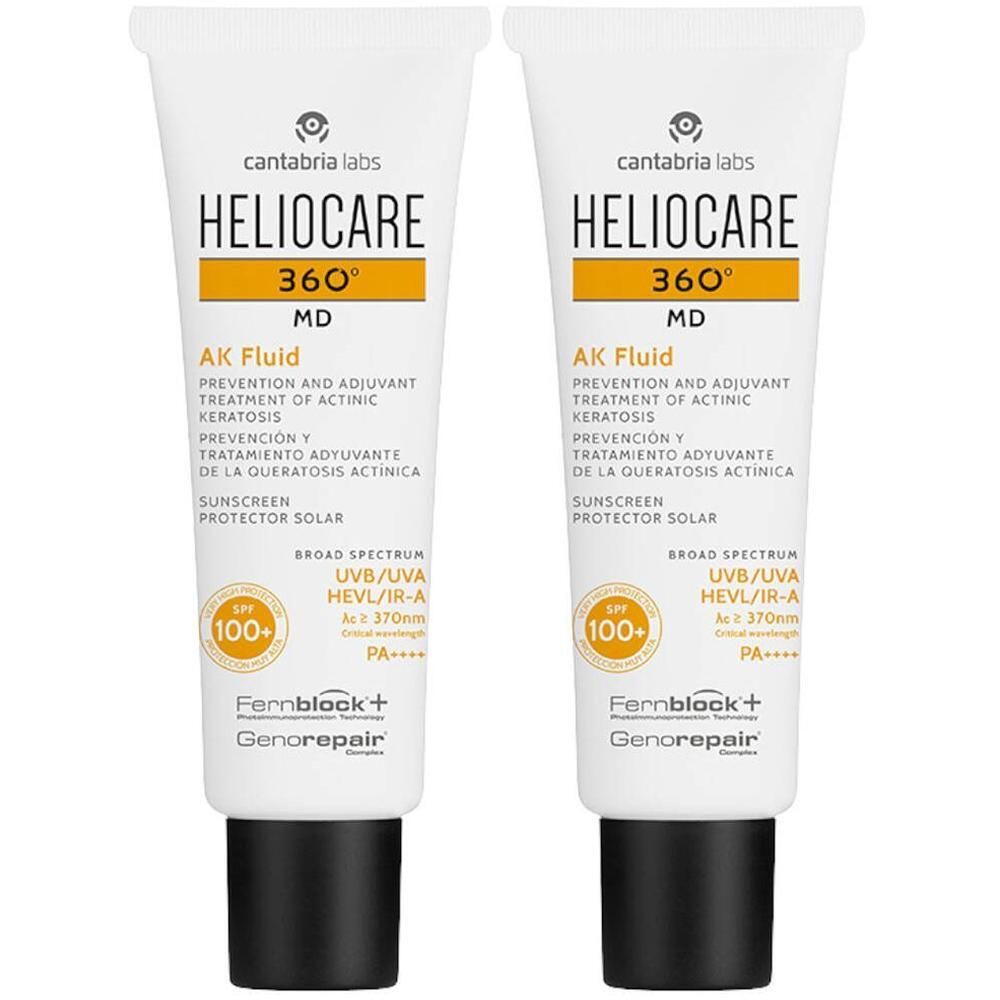 Deux tubes blancs. Inscription: HELIOCARE 360° AK Fluid, SPF 100+. Contient Fernblock+ et Genorepair.