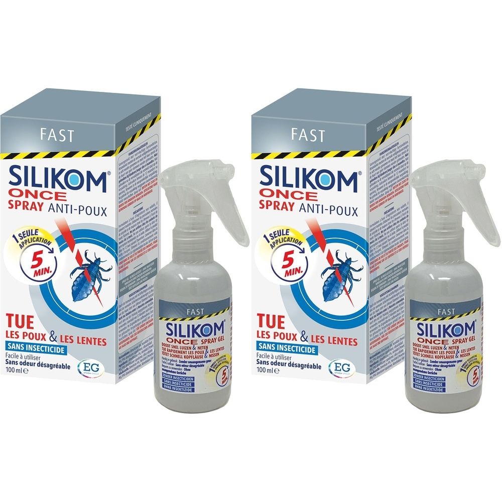 Deux flacons pulvérisateurs et boîtes de Silikom Once Spray Anti-Poux.