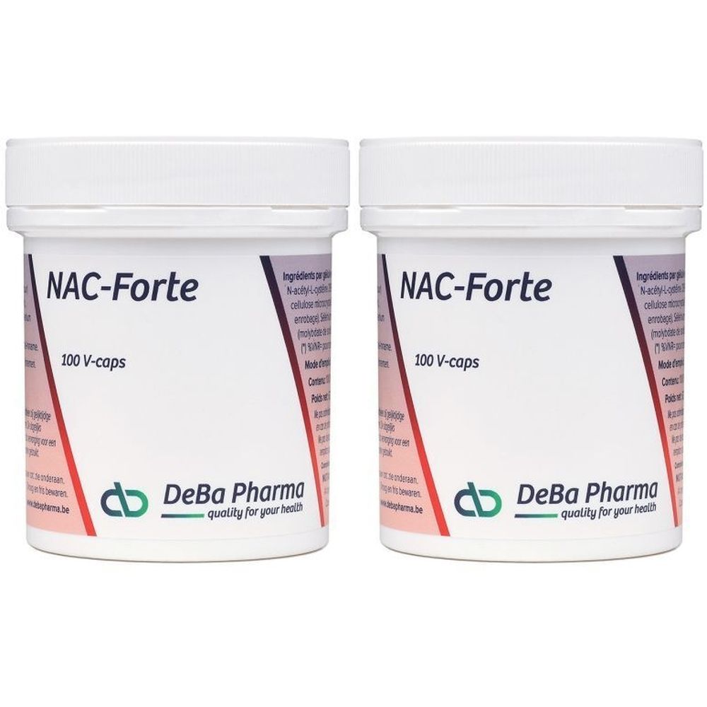Deux pots blancs avec couvercles. Inscription: NAC-Forte, 100 V-caps. Logo et texte DeBa Pharma, quality for your health.