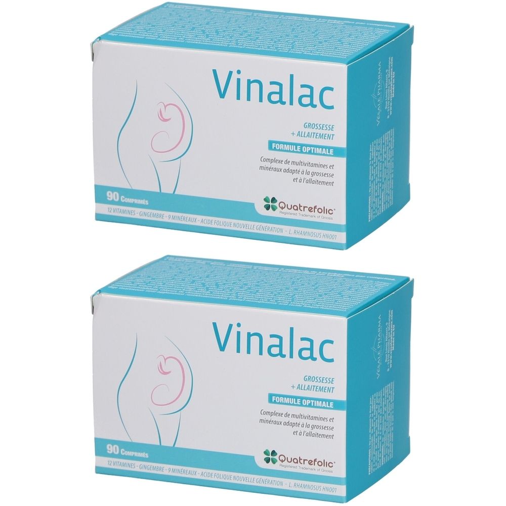 Deux boîtes de Vinalac. Boîtes blanches avec couvercle bleu. Inscription : Vinalac, Formule Optimale, 90 comprimés, Quatrefolic.