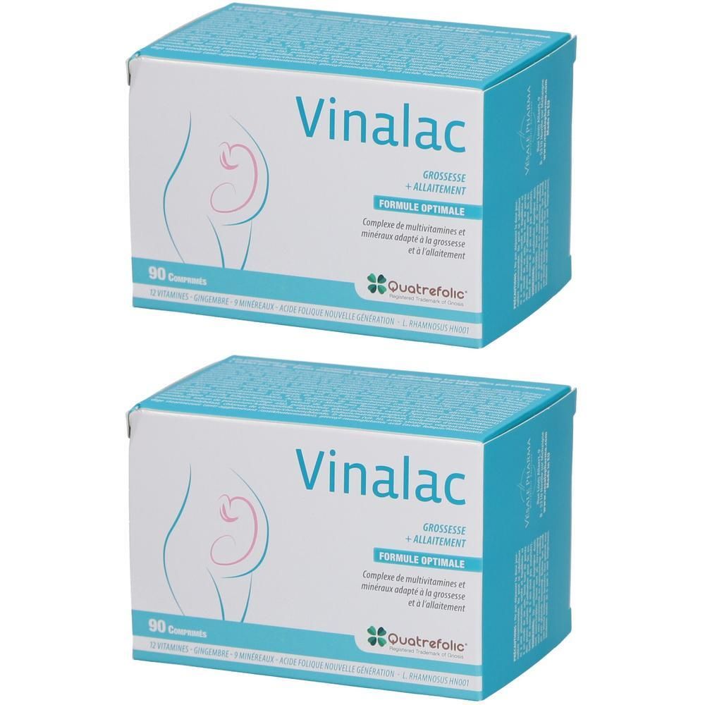 Deux boîtes de Vinalac. Boîtes blanches avec couvercle bleu. Inscription : Vinalac, Formule Optimale, 90 comprimés, Quatrefolic.