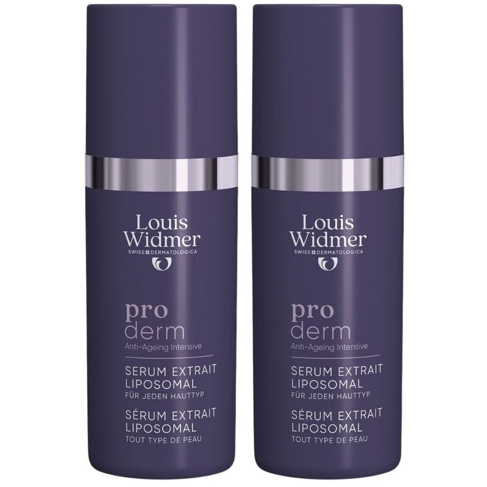 Deux flacons pompe violet foncé avec bande argentée. Texte : Louis Widmer pro derm Anti-Ageing Intensive Sérum Extrait Liposomal.