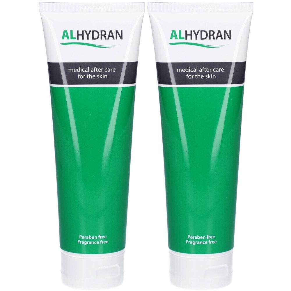 Deux tubes de gel Alhydran. Bouchon blanc, corps vert, bande noire avec texte. Inscription : medical after care for the skin.