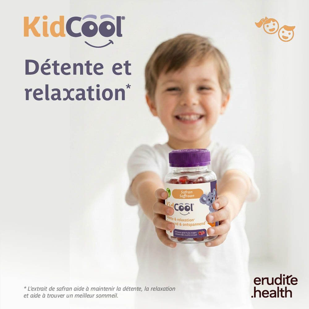 Graphique avec les avantages des gommes KidCool® : "Pour les enfants distraits ou turbulents" et "Pour un meilleur sommeil".