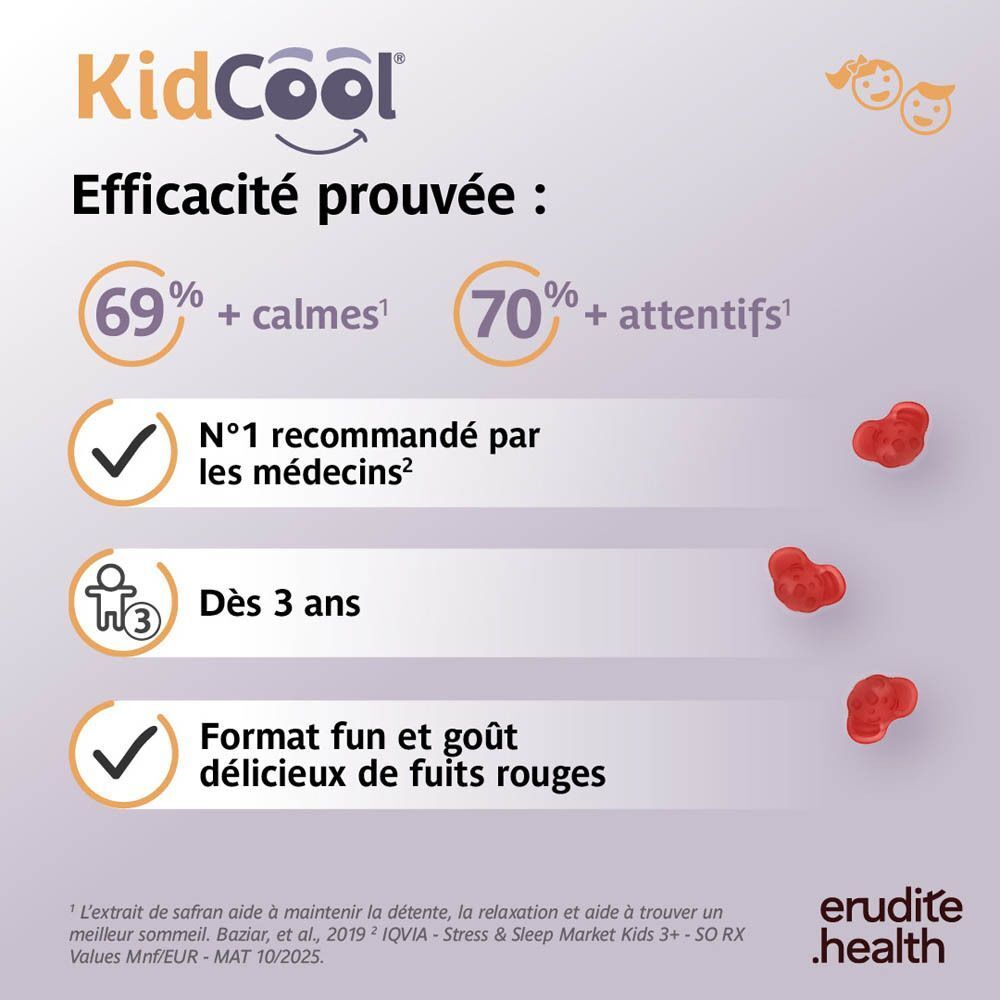 Un garçon tient un flacon de gommes KidCool®. "Détente et relaxation" sur l'étiquette.