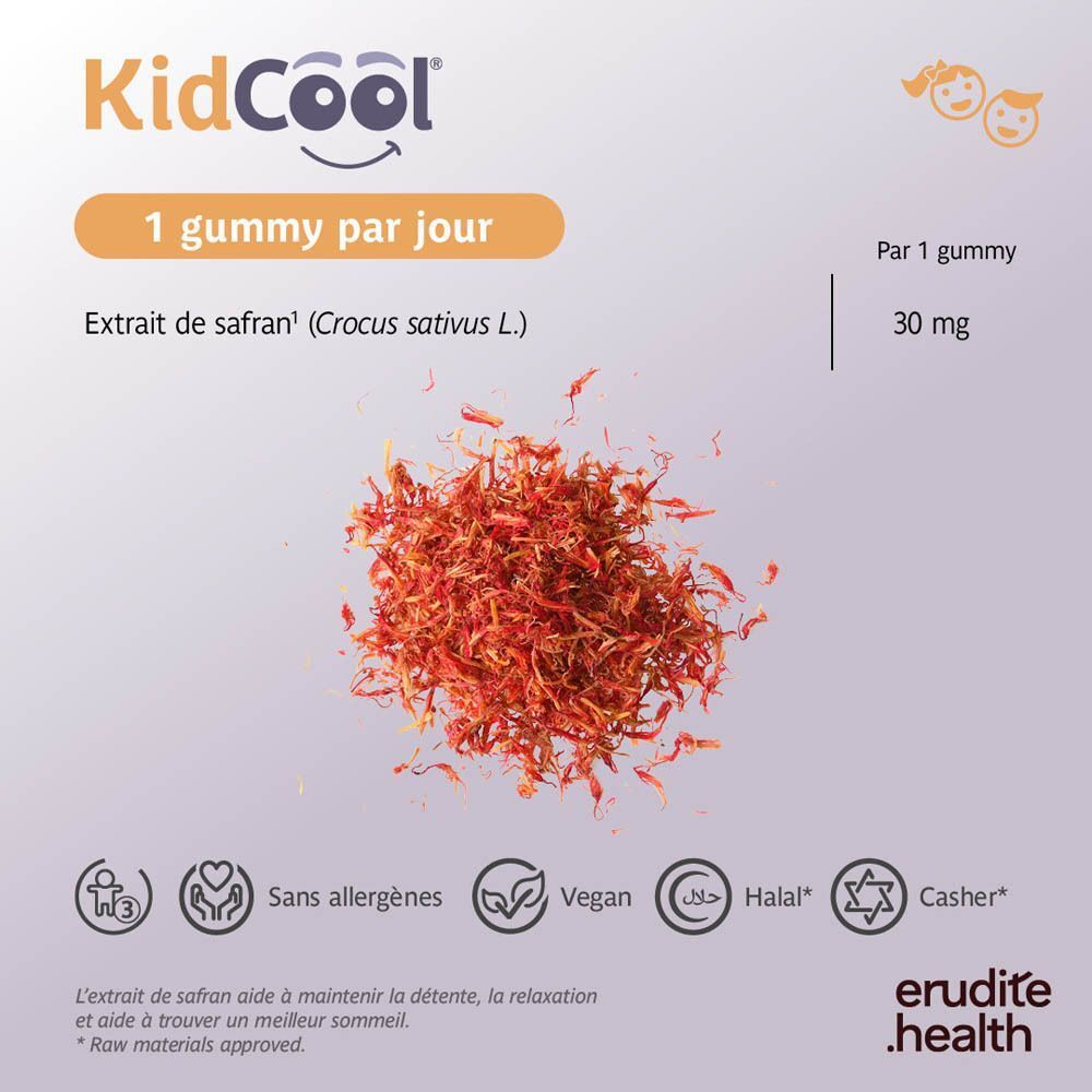 Ingrédients et formes de KidCool® : filaments de safran, capsule et gomme rouge en forme de koala.