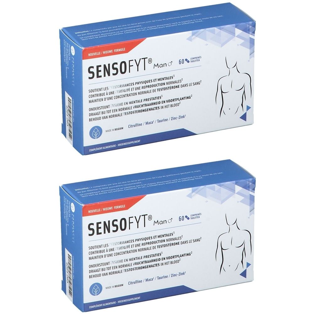 Deux boîtes bleues avec l'inscription Sensofyt® Man. Indication : 60% comprimés. Illustration d'un homme.
