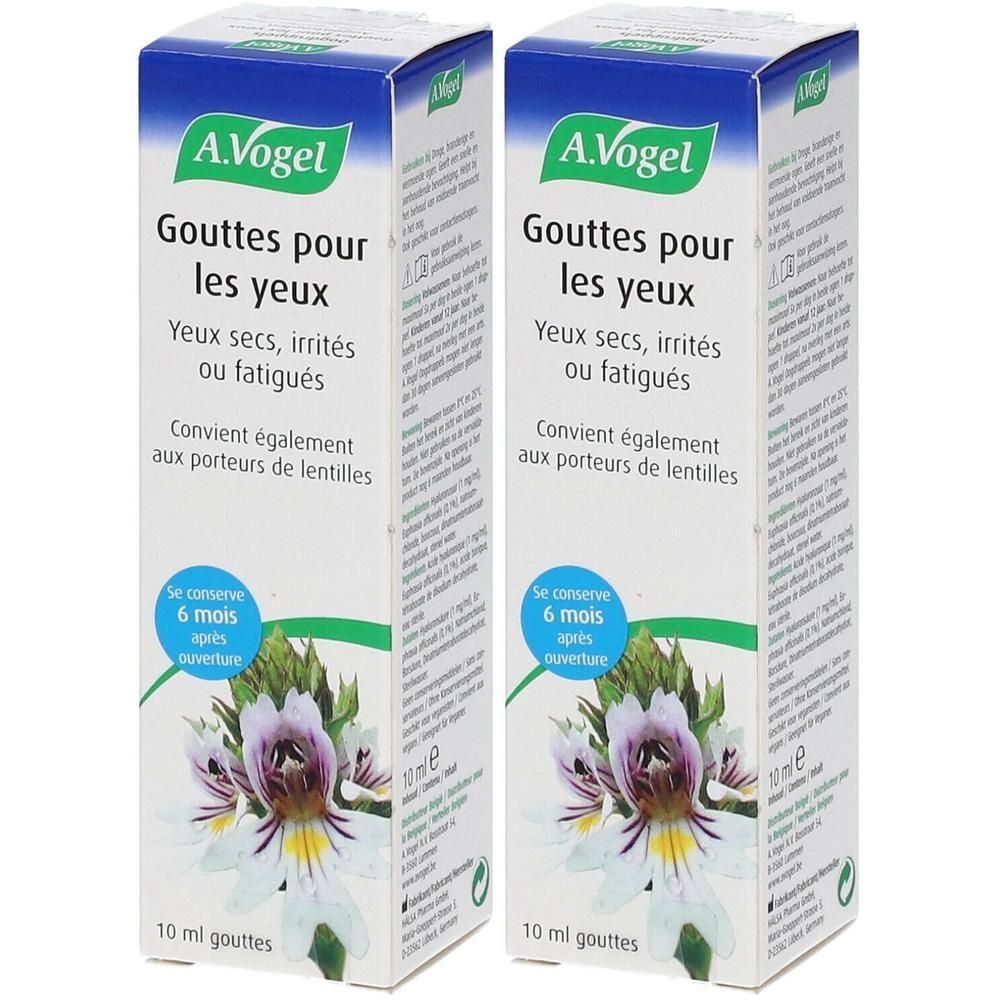 Deux boîtes de gouttes ophtalmiques A. Vogel. Inscription : Gouttes pour les yeux. Pour yeux secs, irrités ou fatigués. 10 ml.