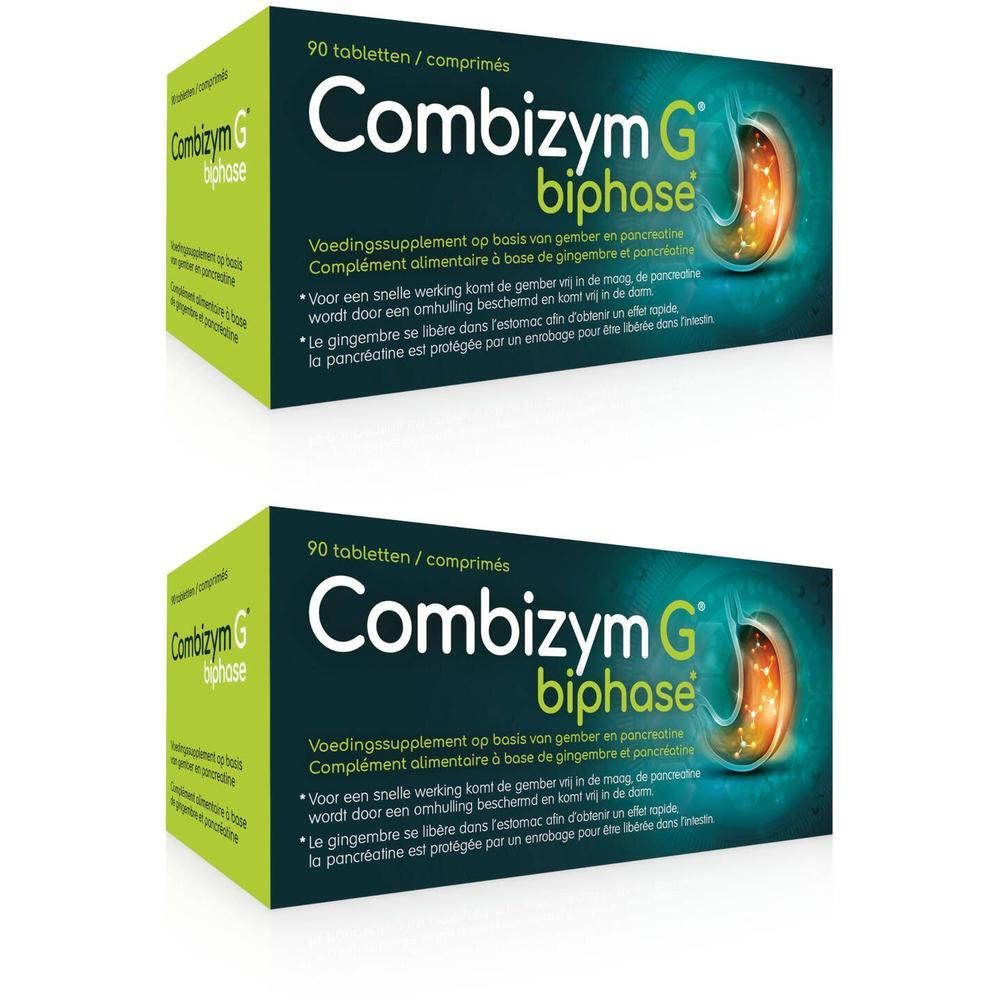 Deux boîtes de Combizym G biphase. Inscription : 90 comprimés. Emballage vert et blanc avec nom et logo.