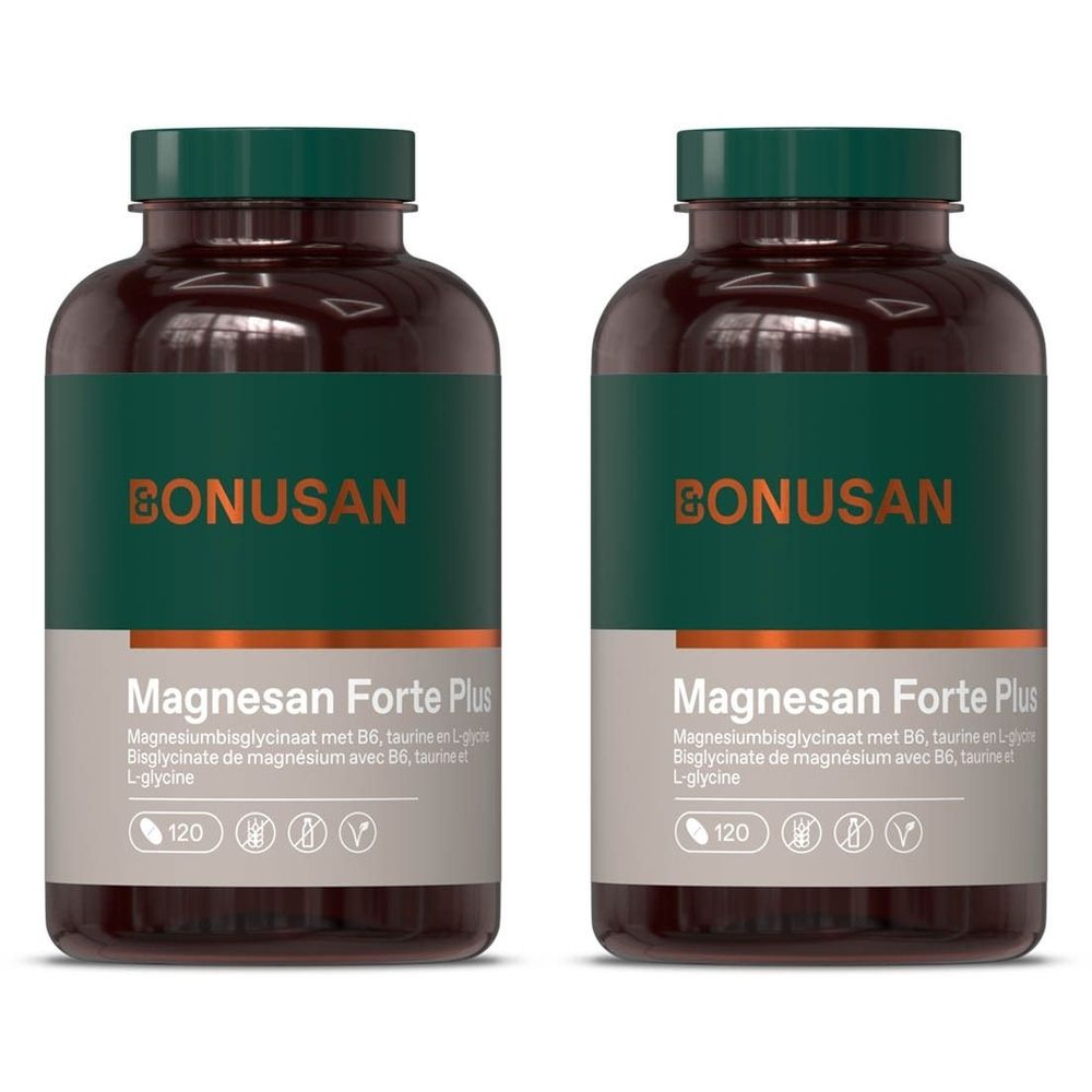 Deux flacons de Magnesan Forte Plus. Flacons brun foncé avec étiquette verte et marque BONUSAN. Contient 120 comprimés.