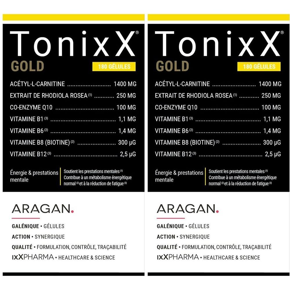Deux étiquettes rectangulaires avec informations nutritionnelles. Inscription : TonixX GOLD. Ingrédients et texte en français. Marque : Aragan.