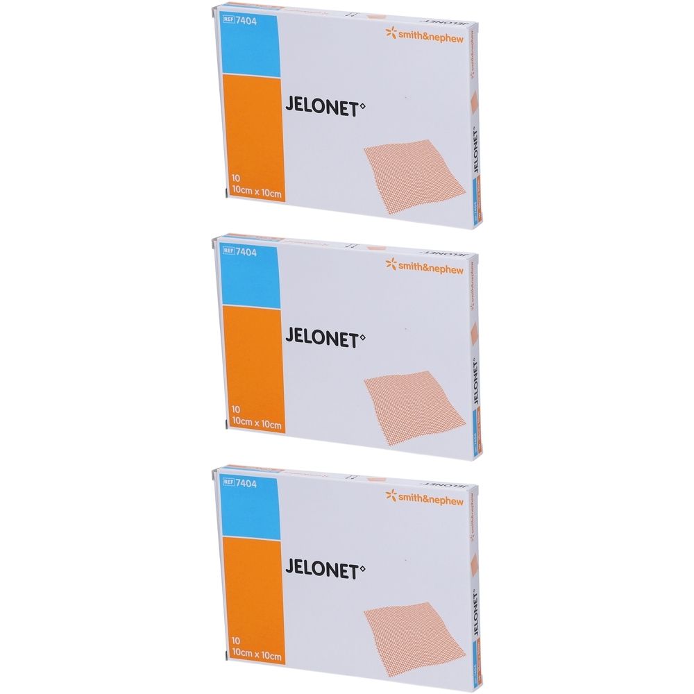 Trois boîtes de pansements Jelonet, 10cm x 10cm.