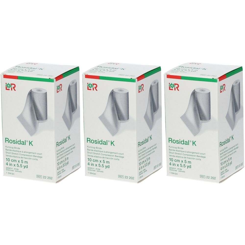 Trois paquets de bandages compressifs Rosidal K, 10 cm x 5 m.
