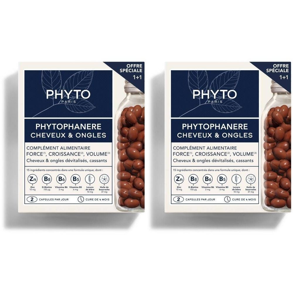 Deux boîtes de gélules. Inscription: PHYTO, PHYTOPHANERE, CHEVEUX & ONGLES. Offre spéciale 1+1.