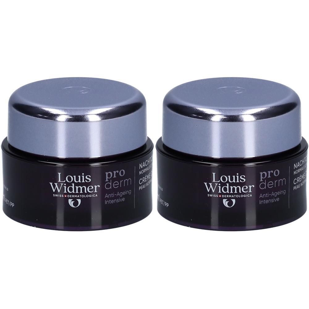 Deux pots de crème de nuit Louis Widmer Proderm Anti-Ageing. Pots noirs avec couvercles argentés. Texte : Anti-Ageing Intensive.