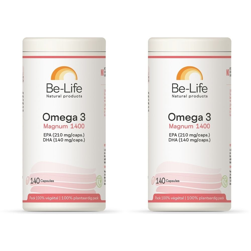 Deux boîtes blanches de Be-Life Omega 3 Magnum 1400. Inscription : Omega 3, Magnum 1400, EPA, DHA. 140 gélules. Inscription : 100% végétal.