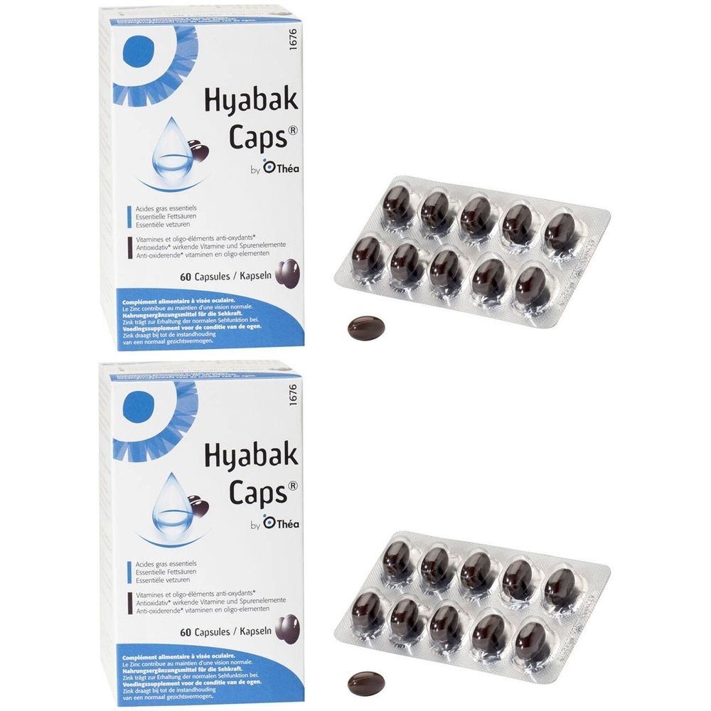 Deux boîtes de Hyabak Caps et deux blisters de 10 capsules chacun. Une capsule est à côté.