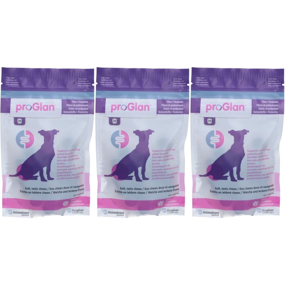 Trois sachets proGlan. Chaque sachet présente une silhouette de chien violet. Texte multilingue.