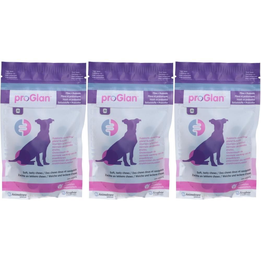 Trois sachets de proGlan Chews pour chiens. Emballage transparent avec accents violets et roses. Silhouette de chien.