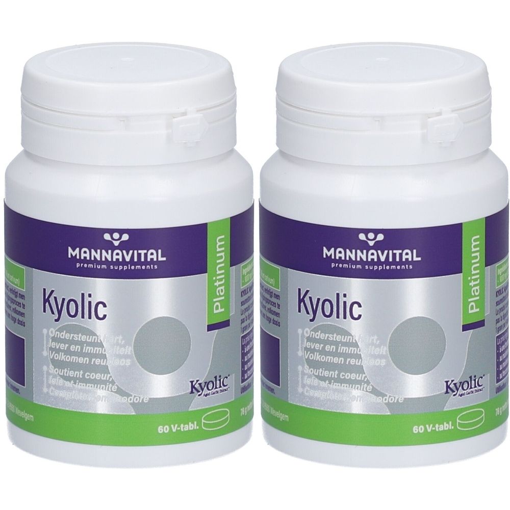 Deux flacons blancs avec des étiquettes violettes et vertes. Les étiquettes indiquent "MANNAVITAL Kyolic Platinum".