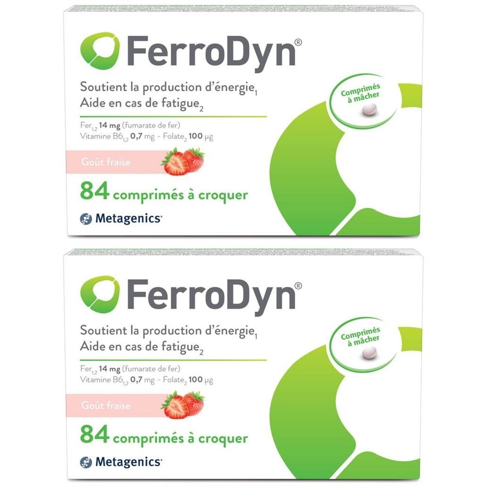 Deux boîtes de FerroDyn. Inscription: 84 comprimés, goût fraise. Logo et texte en français.