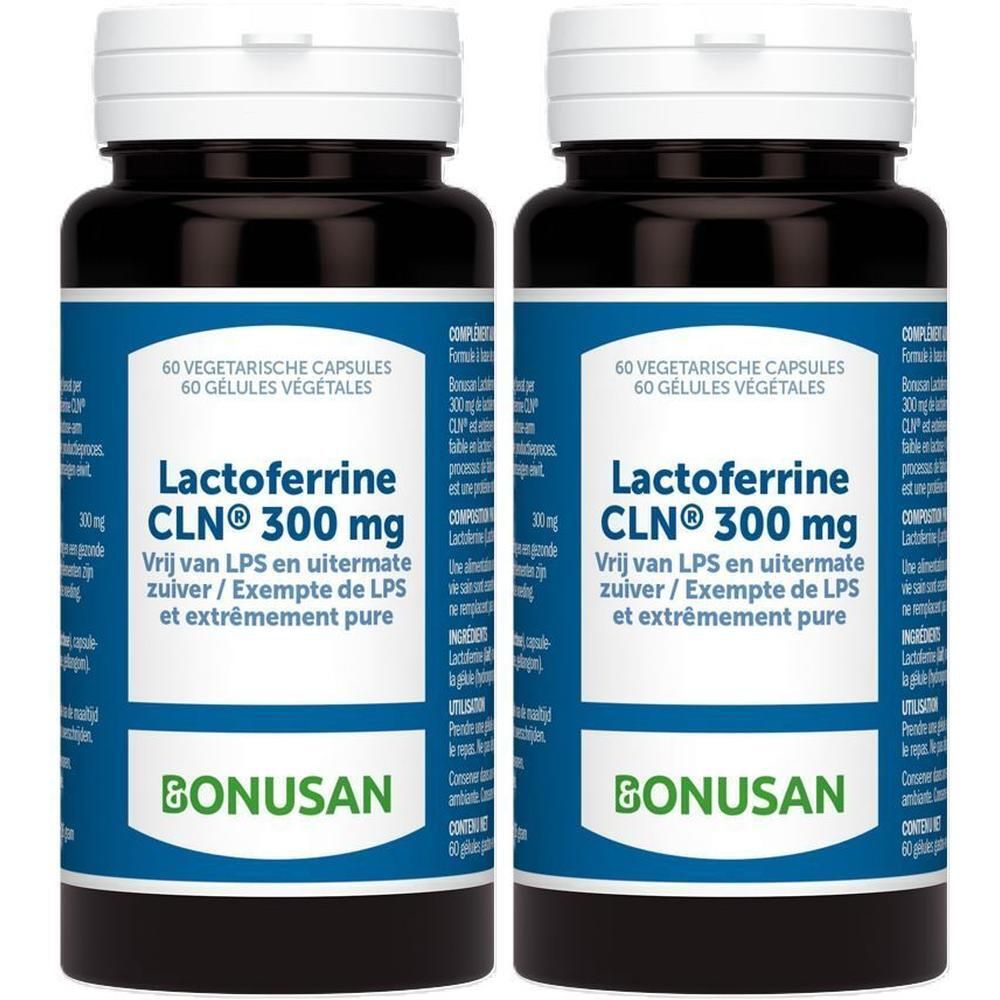 Deux flacons de Bonusan Laktoferrine CLN® 300 mg. Étiquettes bleues, couvercles blancs. Texte: Laktoferrine CLN® 300 mg, Bonusan.