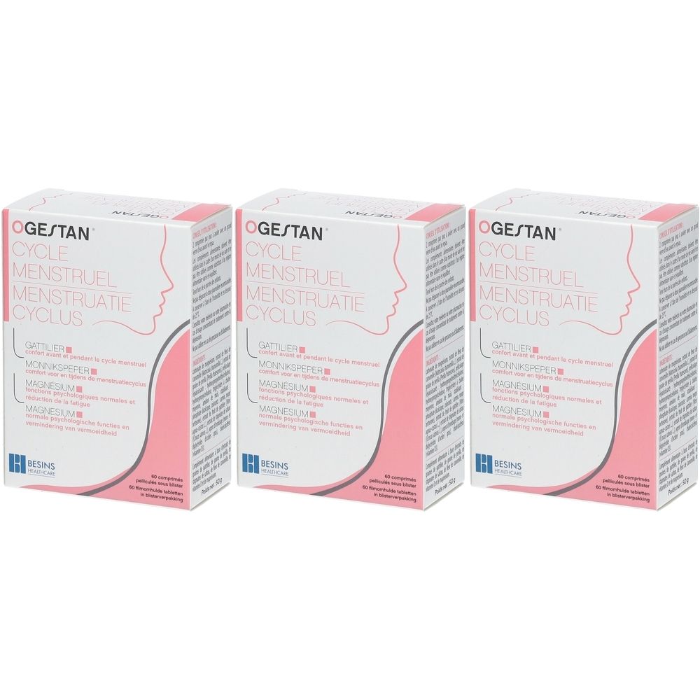 Trois boîtes Ogestan Cycle Menstruel. Emballage blanc avec accents roses et noms de produits en plusieurs langues. Profil féminin.
