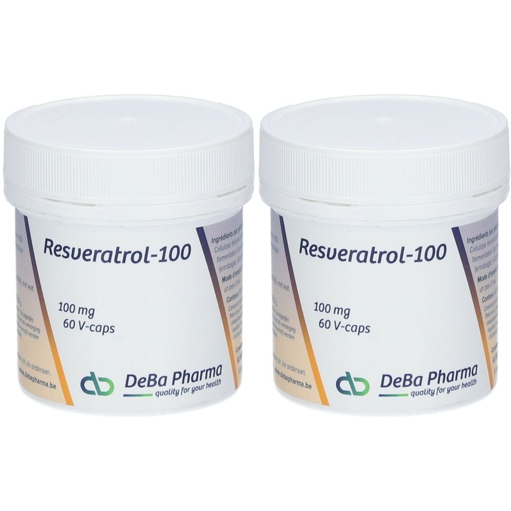 Deux pots blancs avec couvercles. Inscription: Resveratrol-100, 100 mg, 60 V-caps. Logo DeBa Pharma. Qualité pour votre santé.