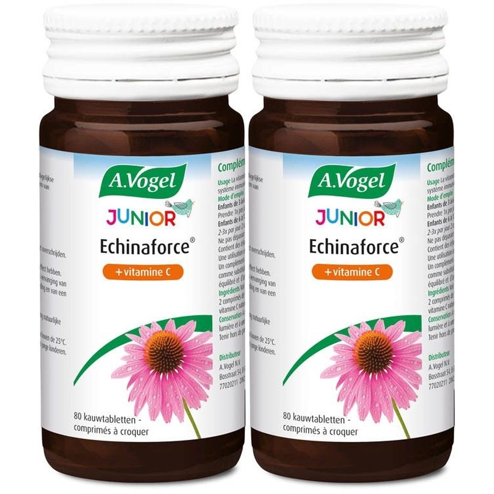 Deux flacons A.Vogel Echinaforce Junior + Vitamine C. Flacons marron à bouchons blancs, étiquettes avec fleurs d'échinacée et texte.
