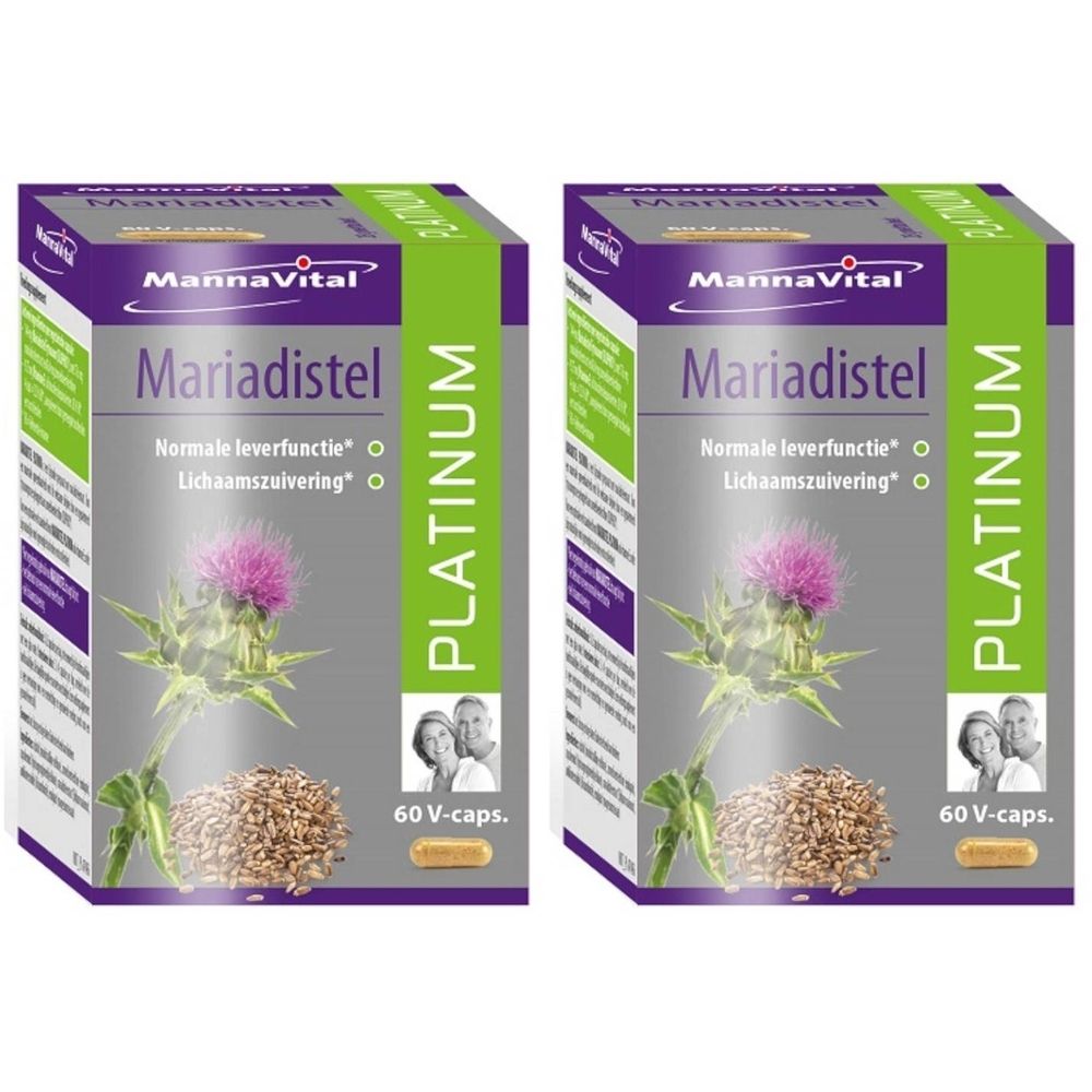 Deux boîtes de Mariadistel Platinum. Inscriptions: MannaVital, Mariadistel, Platinum. Illustration d'une fleur de chardon et de graines.
