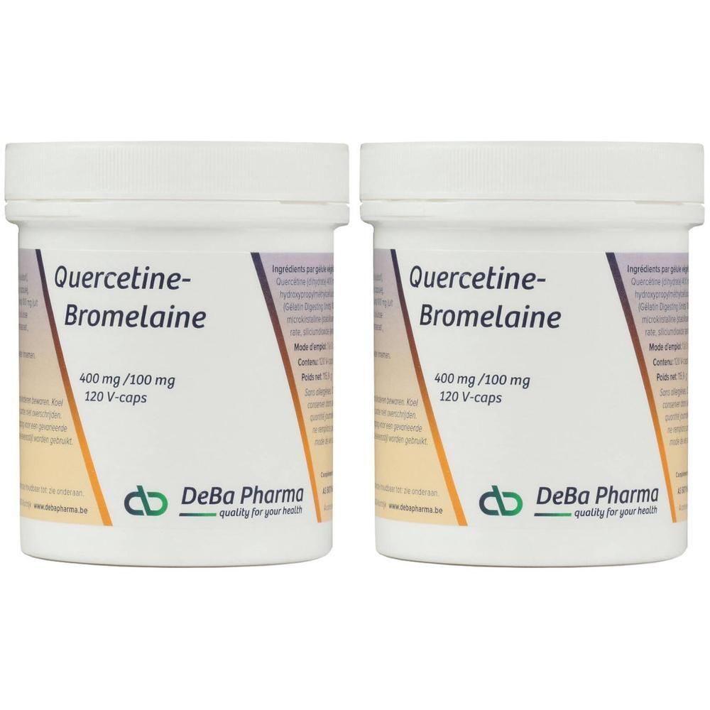 Deux pots blancs avec l'inscription Quercetine-Bromelaine, 400 mg/100 mg, 120 V-caps. Logo DeBa Pharma.