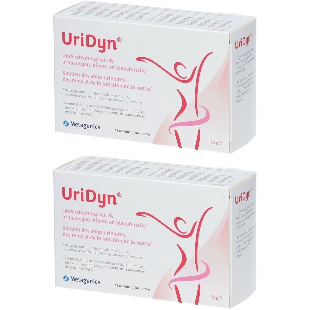 Deux boîtes blanches avec le nom UriDyn. Texte en néerlandais et en français. Logo Metagenics. Illustration d'une personne en rose.