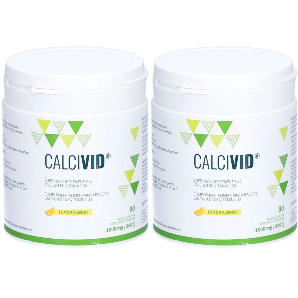 Deux boîtes blanches CALCIVID. Inscription: Complément alimentaire avec calcium et vitamine D3. Goût citron. 90 comprimés.