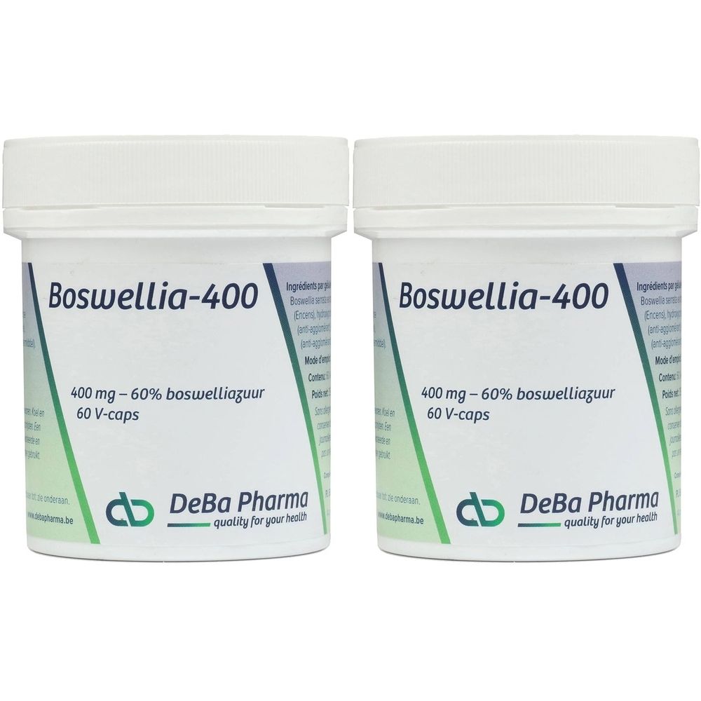 Deux pots blancs avec couvercles. Inscription: Boswellia-400, 400 mg - 60% boswelliazuur, 60 V-caps. Logo DeBa Pharma.