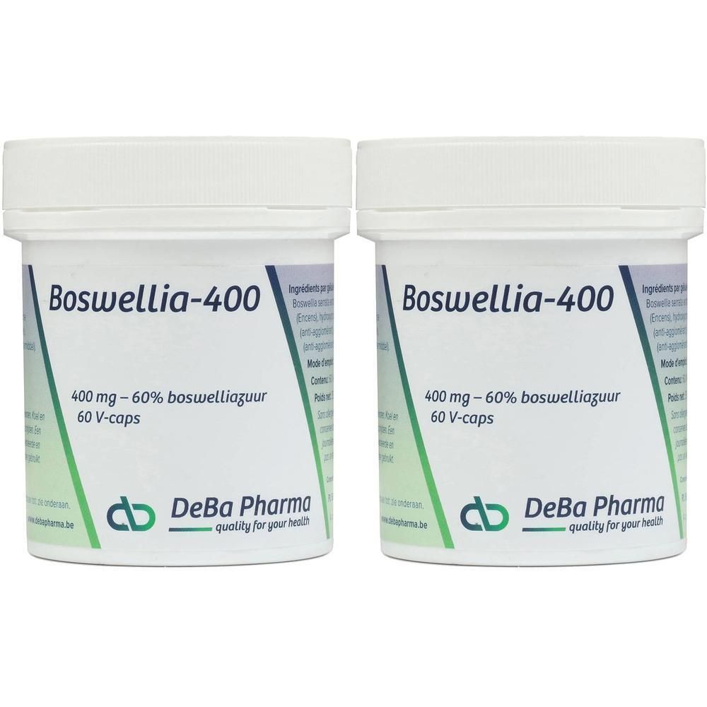 Deux pots blancs avec couvercles. Inscription: Boswellia-400, 400 mg - 60% boswelliazuur, 60 V-caps. Logo DeBa Pharma.