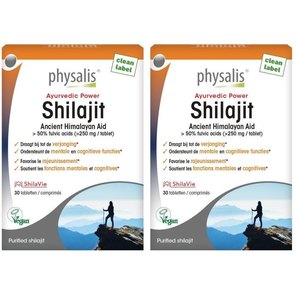 Deux paquets de PHYSALIS Shilajit, 30 comprimés par paquet. Contient 50% d'acides fulviques.