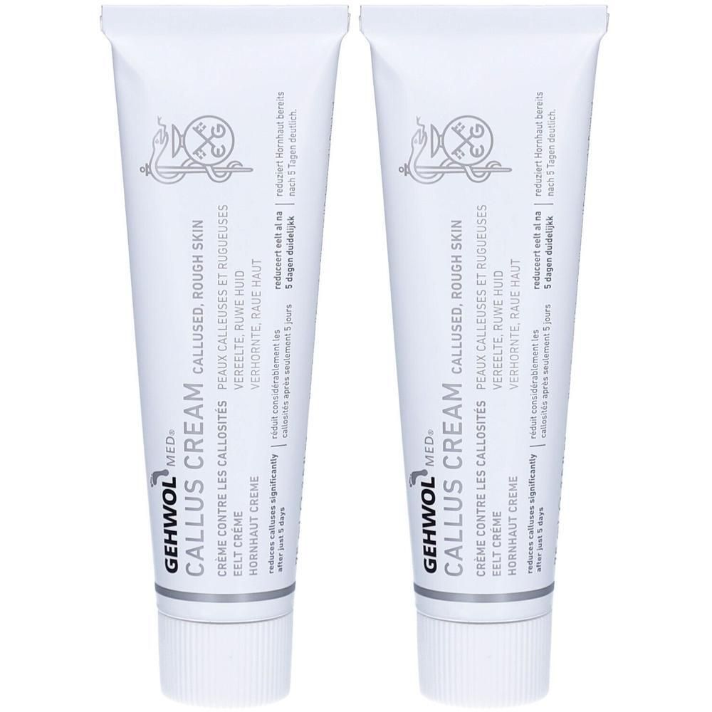 Deux tubes de crème Gehwol Med. pour callosités. Tubes blancs avec texte et logo. Texte : Callus Cream, peau rugueuse.