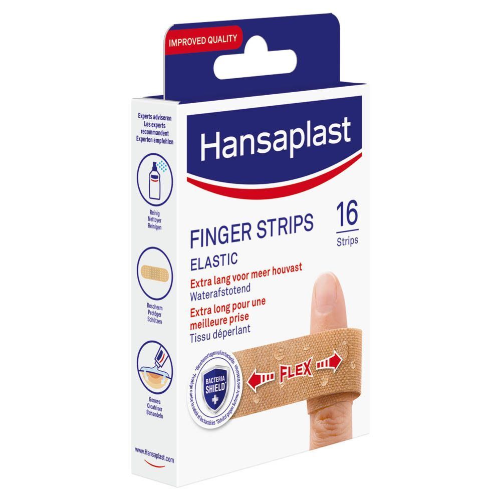 Emballage de pansements pour doigts. Inscription: Hansaplast Finger Strips, 16 Strips. Pansement sur doigt.
