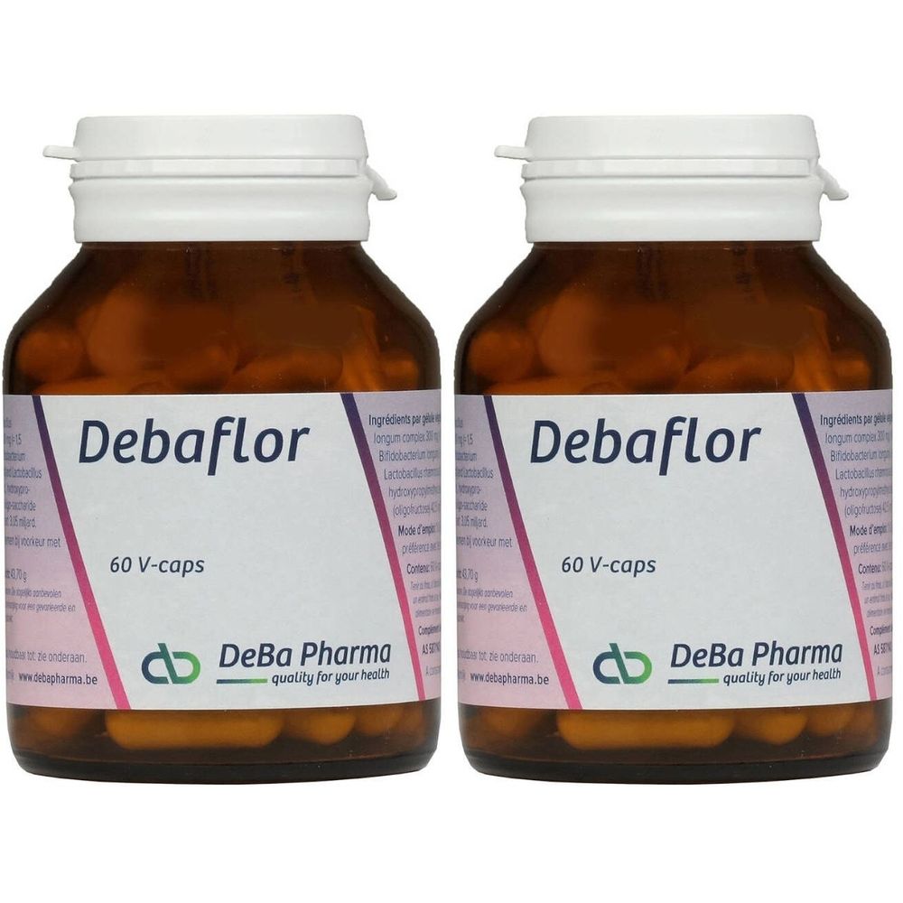 Deux flacons en verre brun avec bouchons blancs. L'étiquette indique "Debaflor" et "60 V-caps". Le logo DeBa Pharma est également visible.
