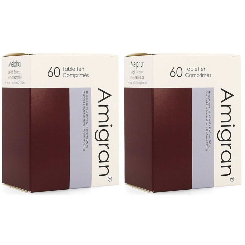Deux boîtes rectangulaires. Le mot "Amigran" est en majuscules sur le devant. "60 comprimés" est écrit en haut.