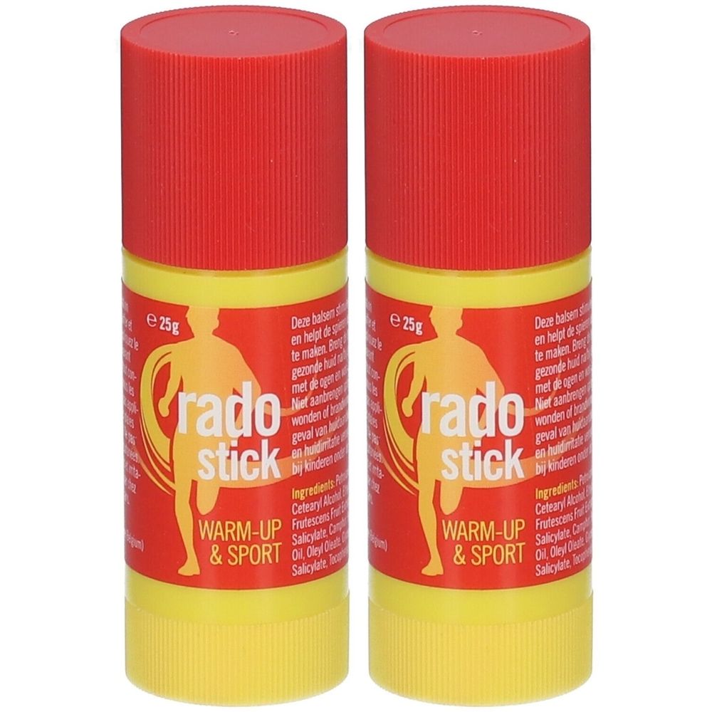 Deux pots Rado Stick avec couvercle rouge et corps jaune. Inscription "Rado Stick Warm-Up & Sport".