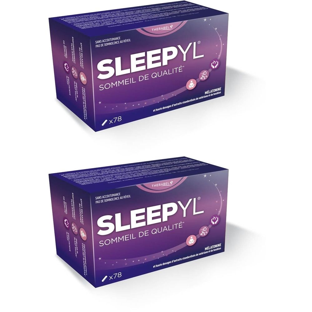 Deux boîtes Sleepyl. Emballage violet avec texte blanc. Contient de la mélatonine. x78.