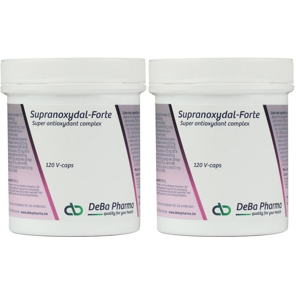 Deux pots blancs avec couvercles. Inscription: Supranoxydal-Forte, Super complexe antioxydant, 120 V-caps. Logo DeBa Pharma.