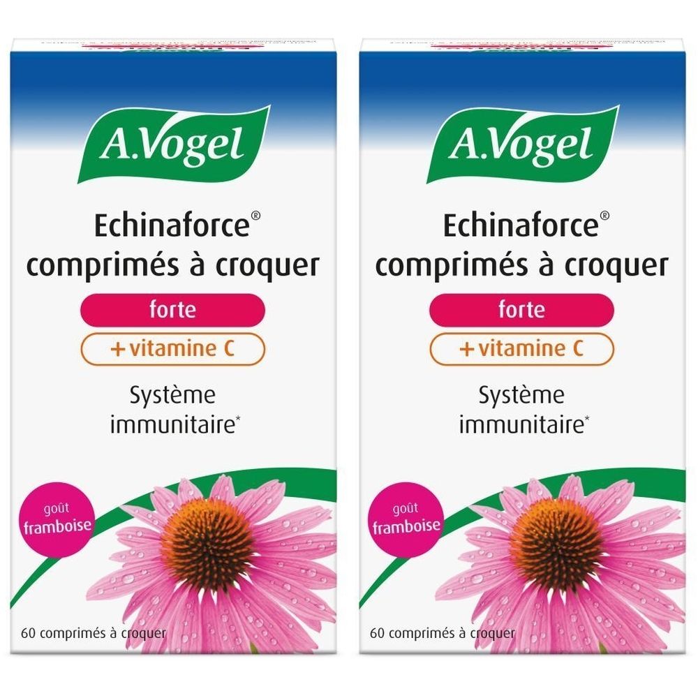 A.Vogel Echinaforce Forte + Vitamine C. Boîte de 60 comprimés. Emballage rose et blanc avec nom et ingrédients.